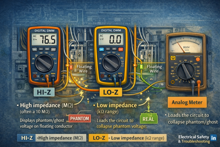 Digital multimeter hi-z vs lo-z voltage testing for identifying phantom and induced voltage in electrical circuits